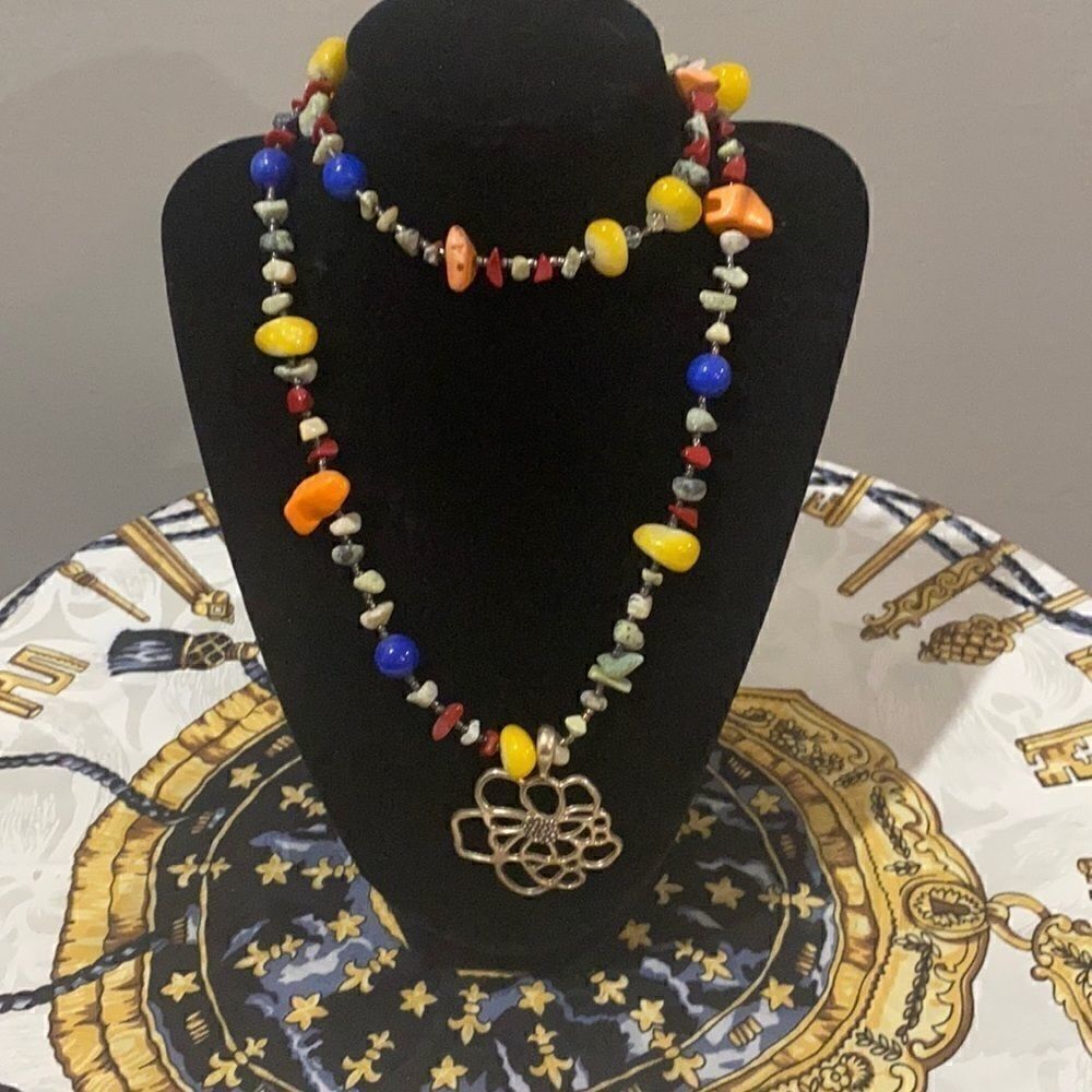 Vintage- beaded/stone wrap necklace with flower pendant. Multi-Color.